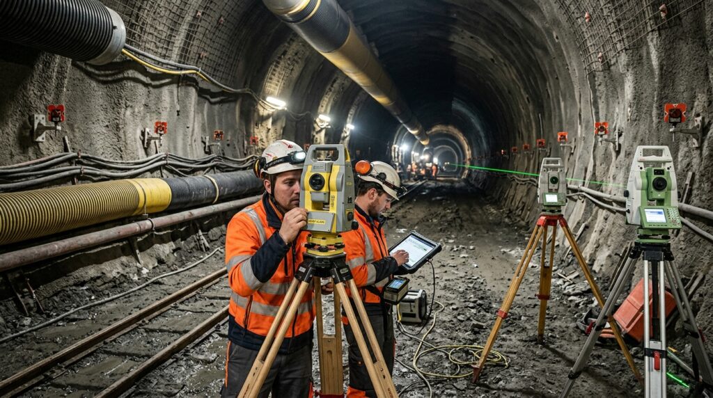 Equipe utiliza instrumentos de alta precisão para controlar o alinhamento da escavação do túnel sob os Alpes.