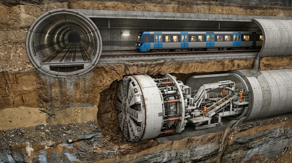 Corte subterrâneo mostra uma tuneladora escavando poucos metros abaixo do revestimento de um túnel existente.