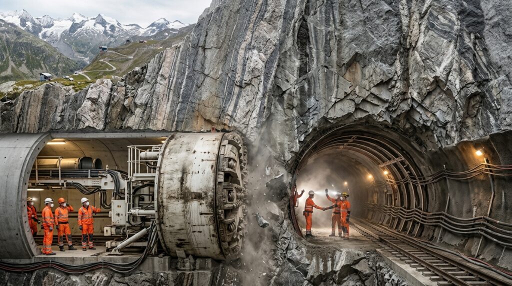 Duas frentes de escavação se encontram dentro do Túnel de Base de São Gotardo sob os Alpes.