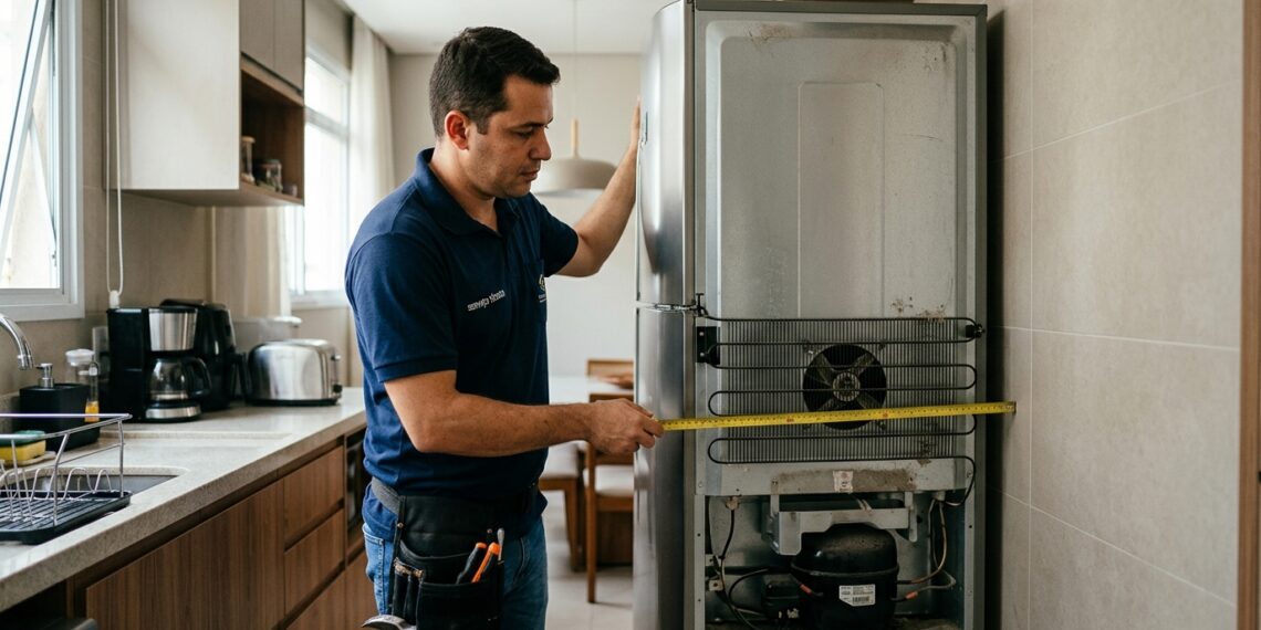 Técnico mede o espaço entre uma geladeira e a parede para verificar a ventilação ao redor do aparelho.