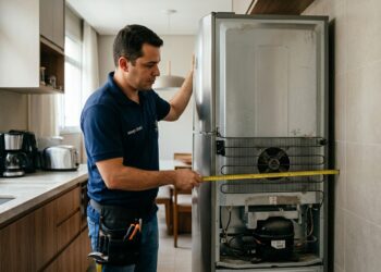 Técnico mede o espaço entre uma geladeira e a parede para verificar a ventilação ao redor do aparelho.