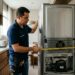Técnico mede o espaço entre uma geladeira e a parede para verificar a ventilação ao redor do aparelho.