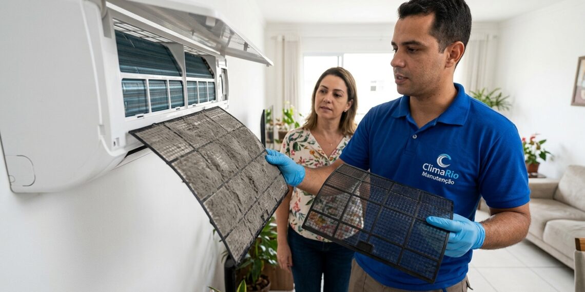 Técnico retira filtro coberto de poeira de um ar-condicionado split para realizar a limpeza.
