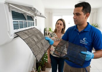 Técnico retira filtro coberto de poeira de um ar-condicionado split para realizar a limpeza.