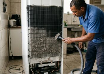 Técnico limpa a serpentina traseira coberta de poeira de uma geladeira.