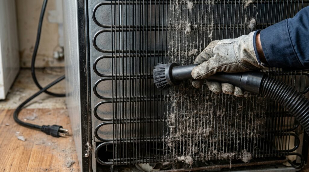 Corte técnico mostra compressor e condensador traseiro de uma geladeira.