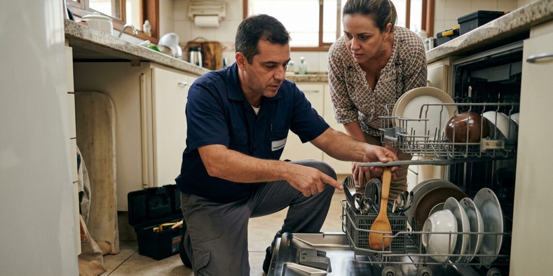Técnico verifica utensílio mal posicionado que encosta no braço aspersor de uma máquina de lavar louças.