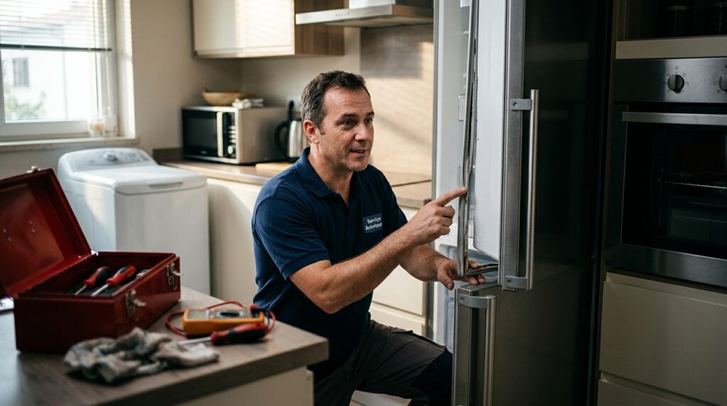 Técnico de eletrodomésticos inspecionando a borracha de vedação da porta de uma geladeira em cozinha residencial.