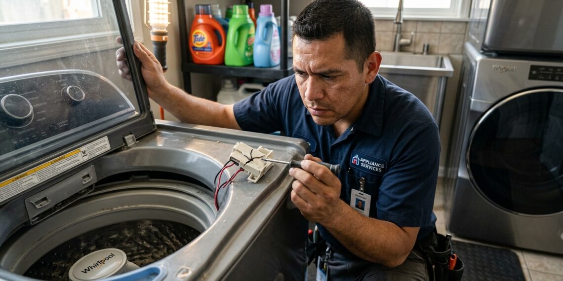 Técnico em eletrodomésticos com chave de fenda examinando a trava plástica da tampa de uma máquina de lavar roupas.