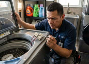 Técnico em eletrodomésticos com chave de fenda examinando a trava plástica da tampa de uma máquina de lavar roupas.