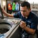 Técnico em eletrodomésticos com chave de fenda examinando a trava plástica da tampa de uma máquina de lavar roupas.