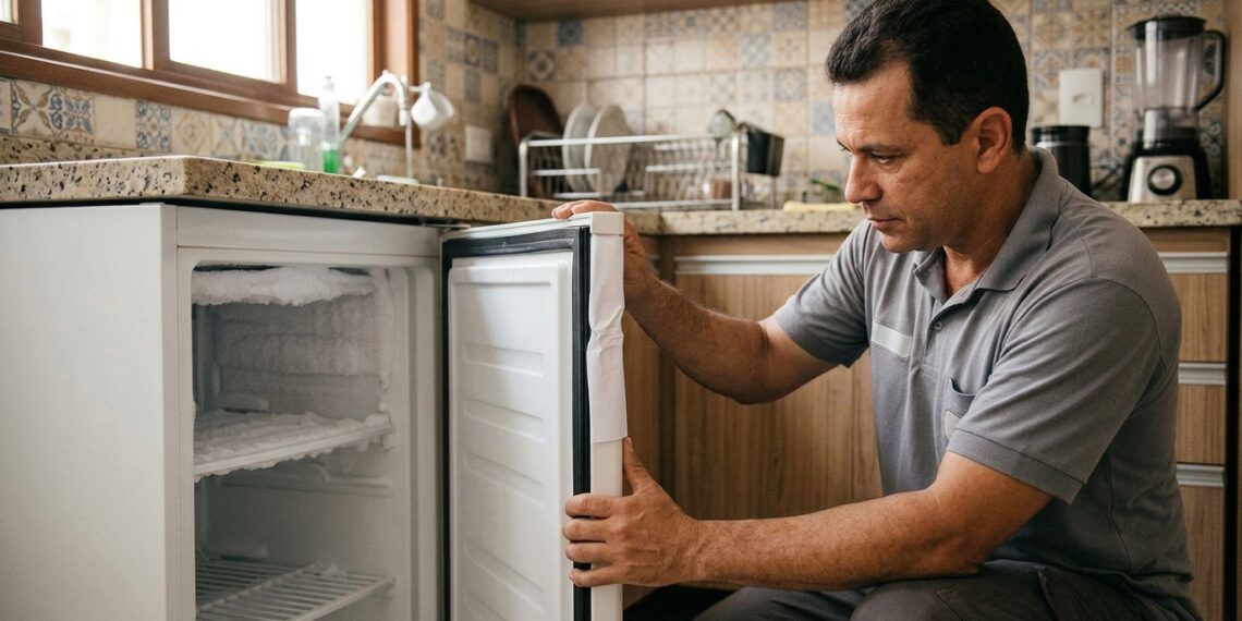 Folha de papel é puxada enquanto permanece presa entre a borracha e o batente da porta do freezer.