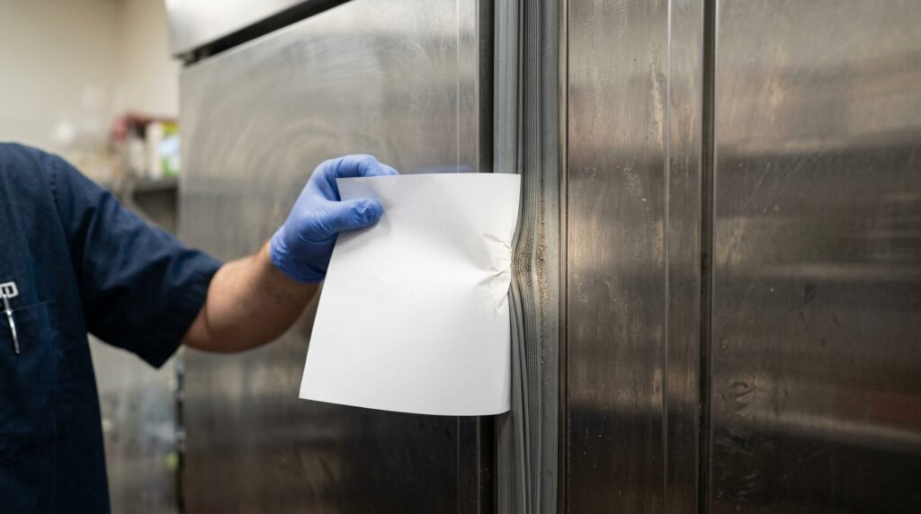 Técnico realiza o teste da folha de papel na borracha da porta de um freezer com acúmulo de gelo.