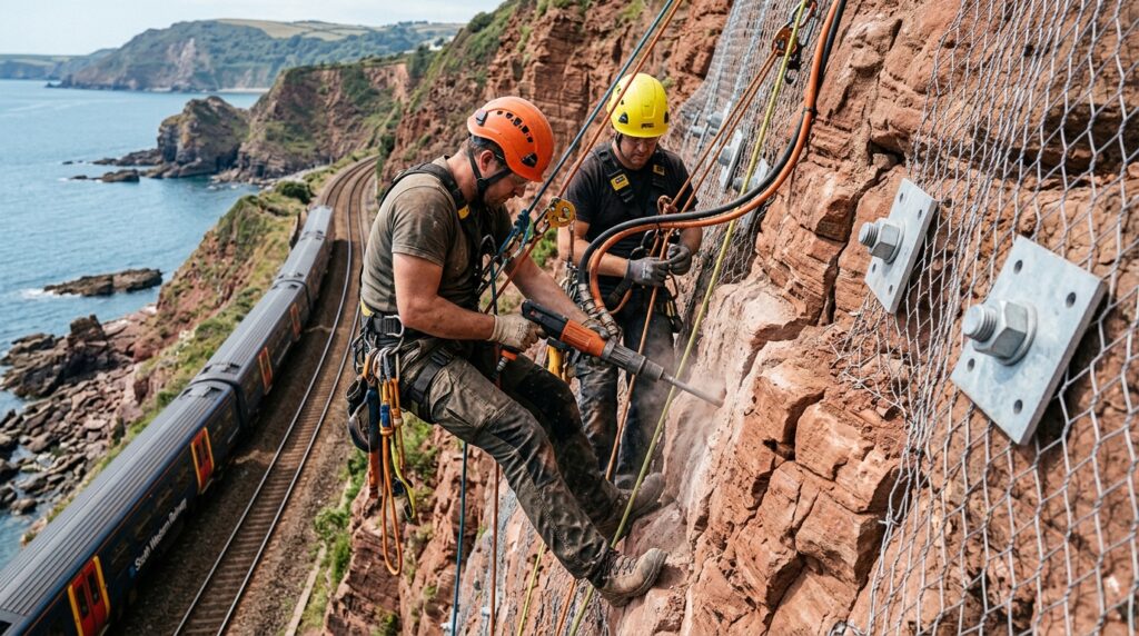 Técnicos suspensos por cordas instalam ancoragens na falésia coberta por redes acima da ferrovia.