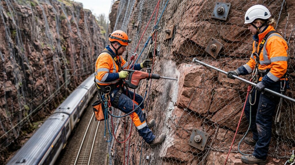 Técnicos suspensos por cordas perfuram encosta para instalar uma ancoragem de aço acima da ferrovia.