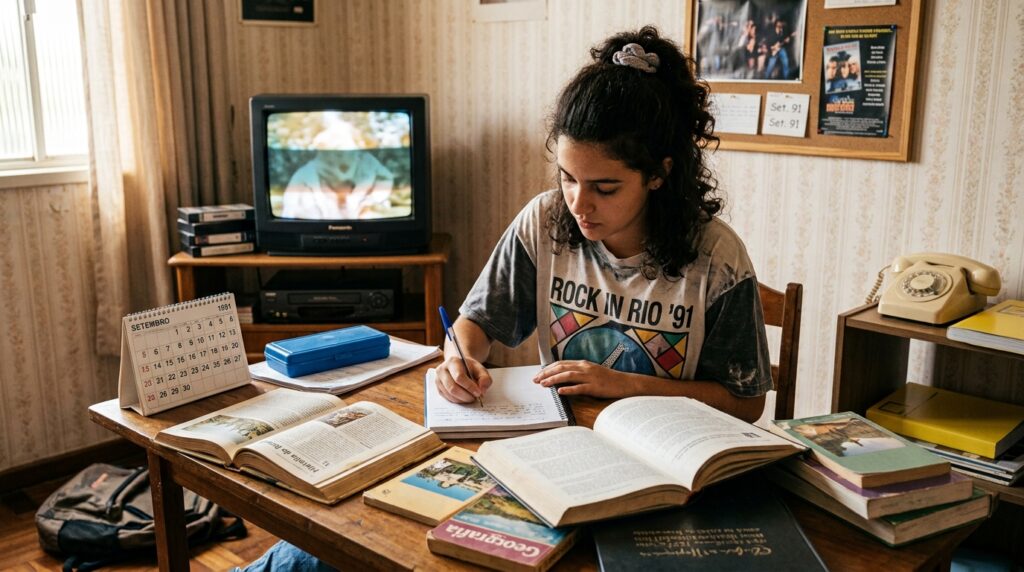 Representação de adolescente estudando com livros, caderno e materiais impressos antes da popularização da internet.