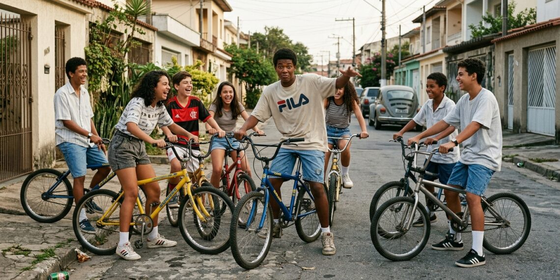 Representação de adolescentes brasileiros convivendo no início dos anos 1990 sem celulares ou registros nas redes sociais.