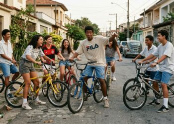 Representação de adolescentes brasileiros convivendo no início dos anos 1990 sem celulares ou registros nas redes sociais.