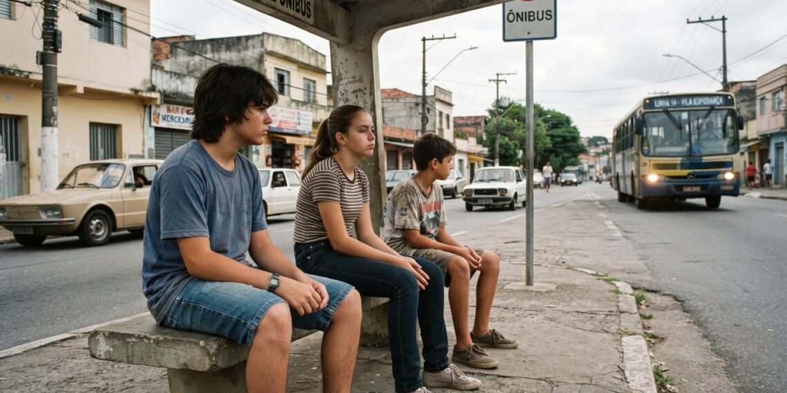 Adolescentes esperam o ônibus sem celulares ou outros dispositivos digitais no início dos anos 1990.