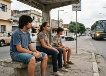 Adolescentes esperam o ônibus sem celulares ou outros dispositivos digitais no início dos anos 1990.