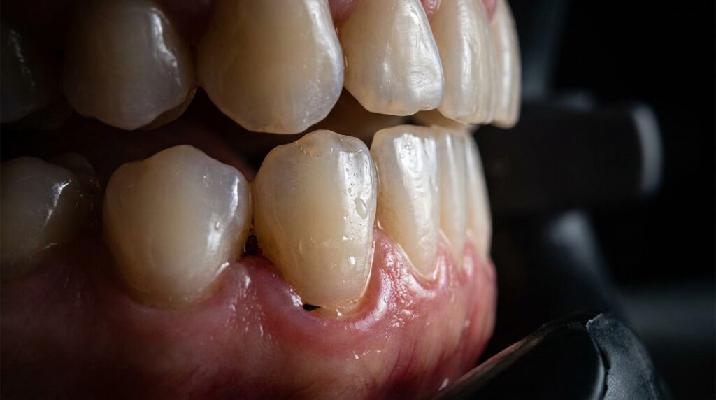 Dentes adultos ocluídos sob forte pressão de bruxismo, exibindo desgastes mecânicos nas bordas do esmalte e inflamação na margem gengival.