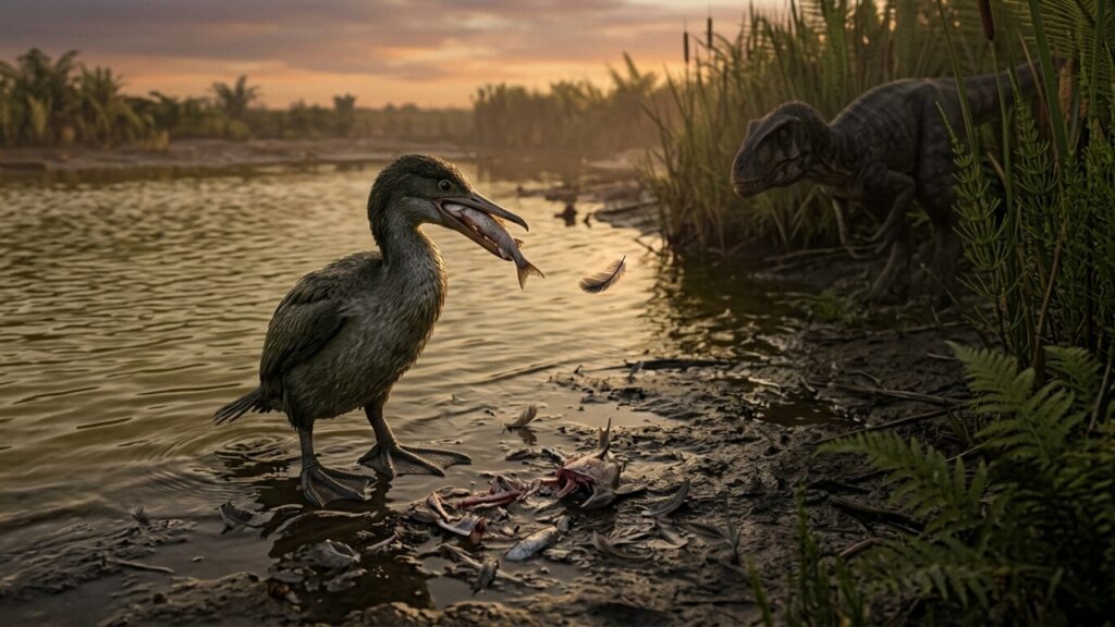 Theropod_approaching_aquatic_bird_20260914005040-1024x576 Uma pena ficou preservada dentro de fezes de dinossauro por 66 milhões de anos: ela pode ajudar a explicar por que só uma linhagem de aves atravessou a extinção