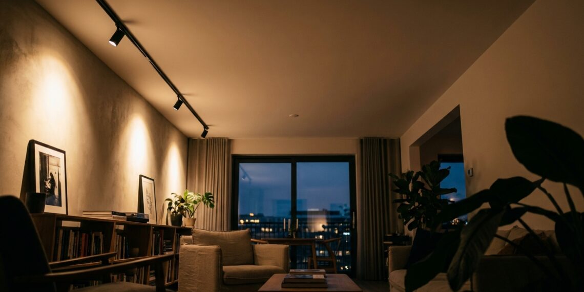 Trilho eletrificado preto fosco com spots direcionados para a parede de uma sala pequena, substituindo o lustre central e ampliando o espaço.