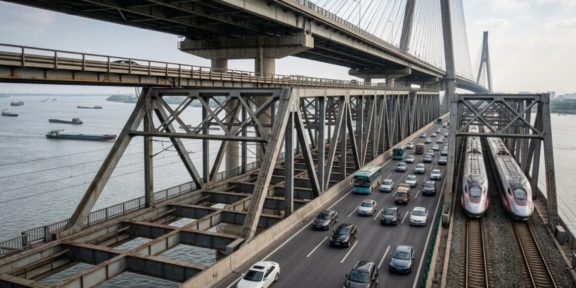 Trem e carros ocupam lados diferentes do pavimento inferior da Ponte Changtai.