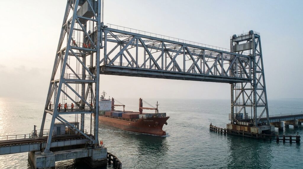 Trecho móvel da ferrovia permanece suspenso entre torres sobre um navio.