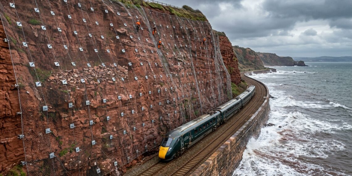 Falésia coberta por extensa rede de aço presa por ancoragens acima dos trilhos da ferrovia de Dawlish.