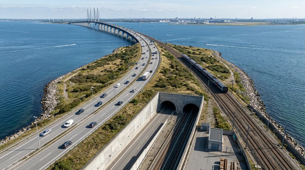 Rodovia e ferrovia chegam à ilha artificial de Peberholm e descem para a entrada do túnel de Drogden.