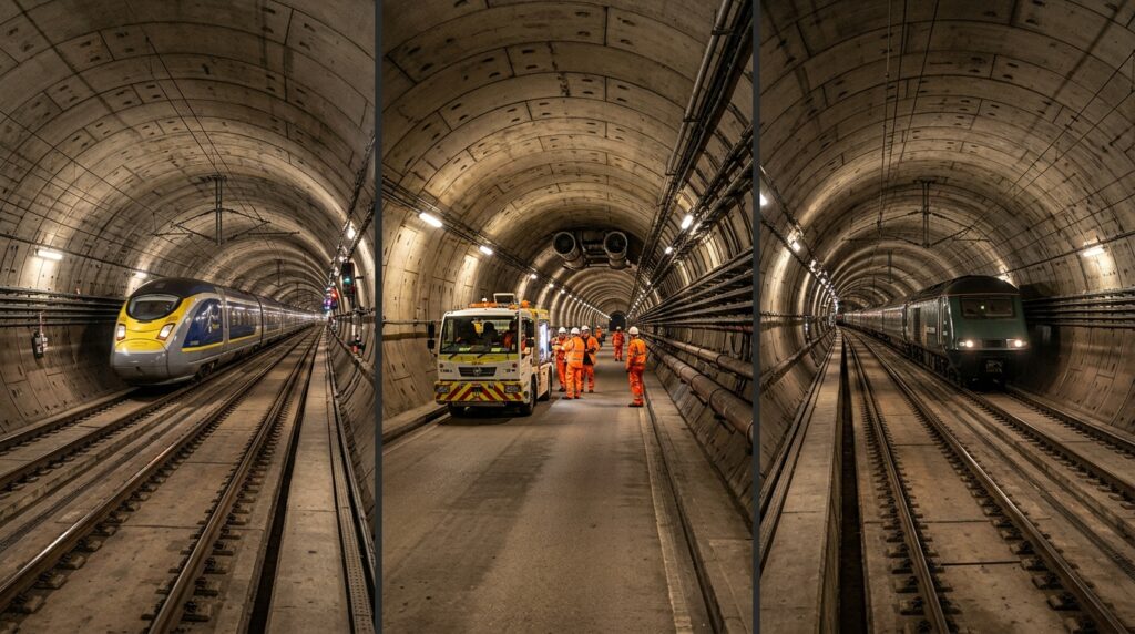 Sequência mostra dois túneis do Eurotúnel com trens e a galeria central usada por equipes de manutenção.