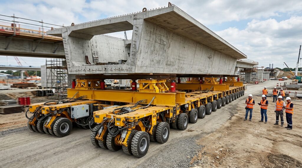 Carreta modular SPMT transporta uma grande seção de ponte sobre dezenas de conjuntos de rodas.