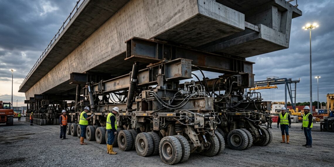 Tabuleiro de ponte pronto é transportado por carretas modulares até os pilares durante interdição de rodovia.