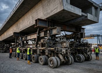 Tabuleiro de ponte pronto é transportado por carretas modulares até os pilares durante interdição de rodovia.