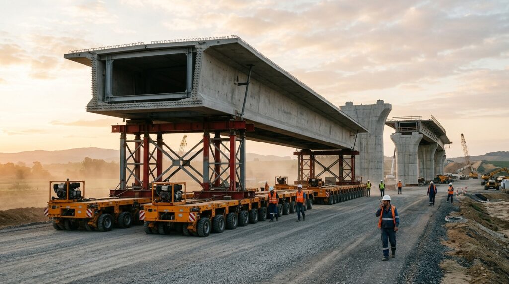 Plataformas SPMT elevam uma ponte pronta para retirá-la dos apoios provisórios do canteiro.