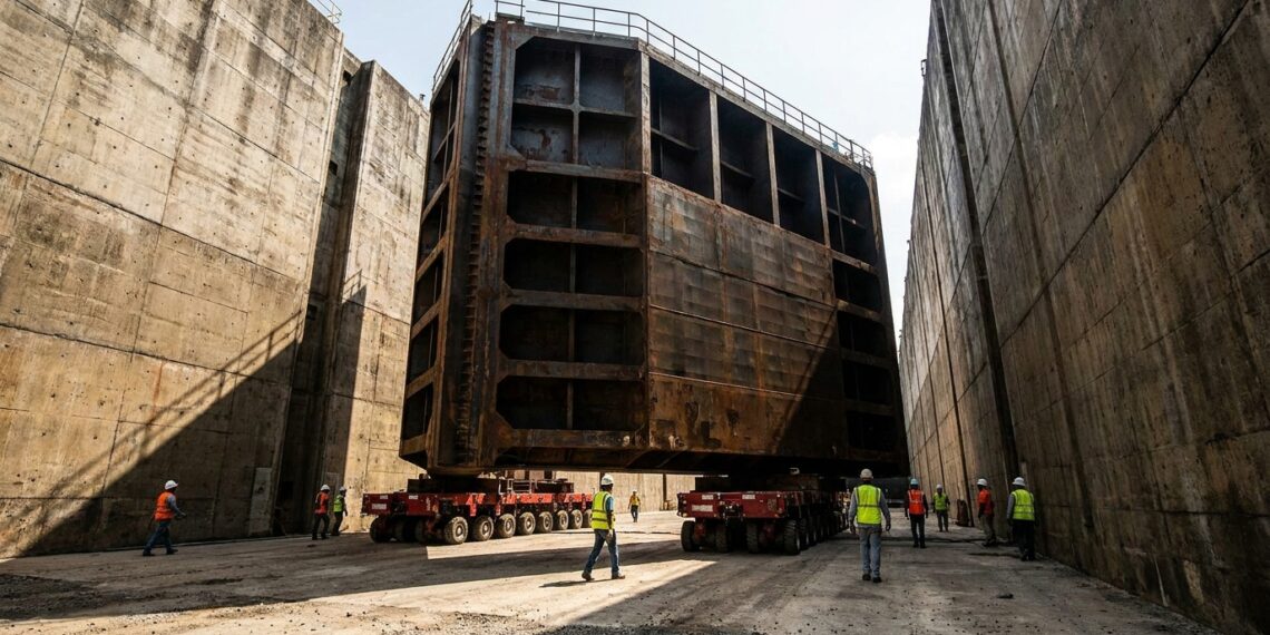 Comporta gigante do Canal do Panamá é transportada sobre plataformas com centenas de rodas.