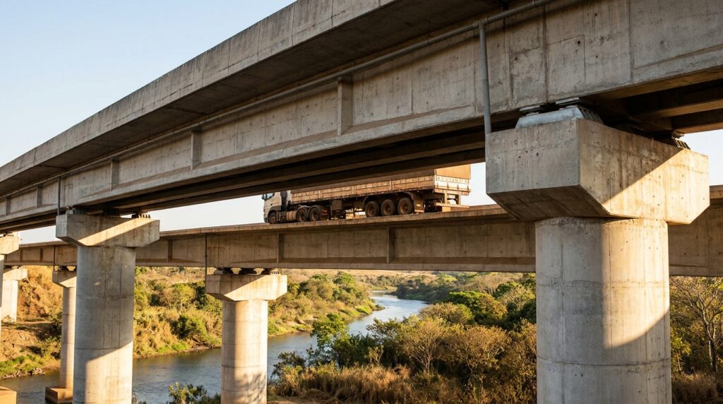 Caminhão pesado atravessa uma ponte de concreto projetada para apresentar pequenas deformações sob as cargas do tráfego.