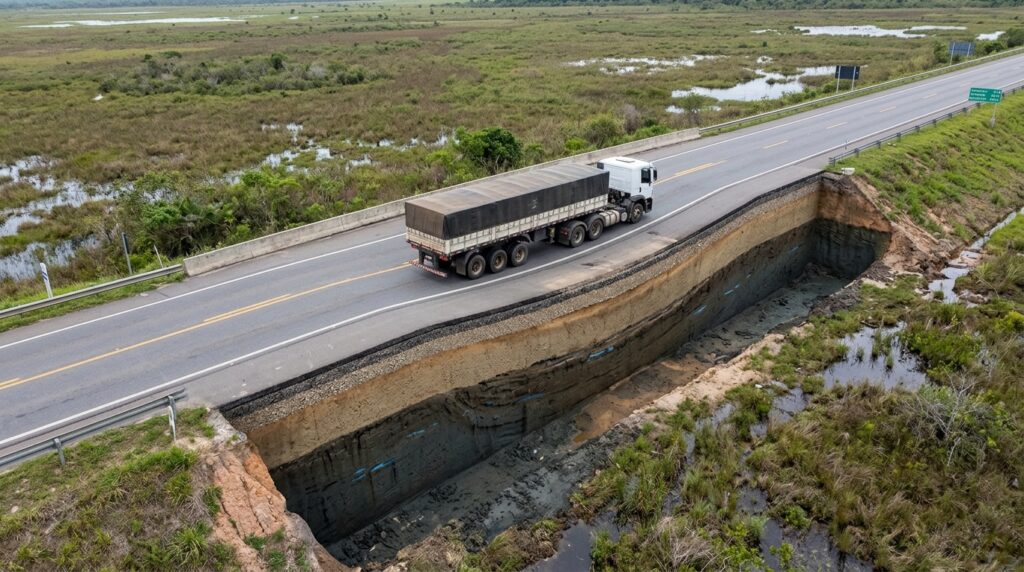 Rodovia apresenta afundamento gradual enquanto corte do terreno revela camada de solo mole abaixo do aterro.