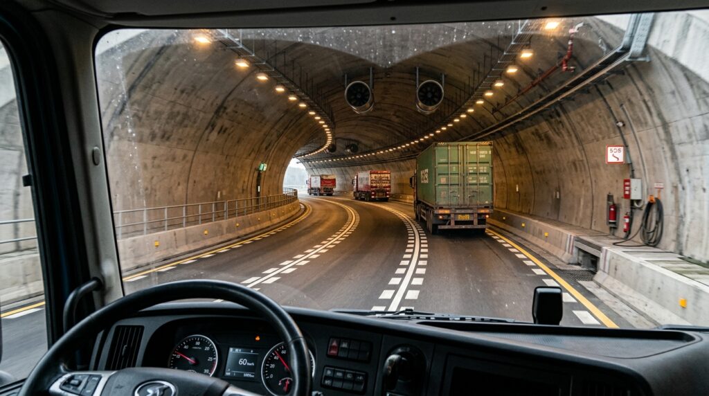 Caminhões percorrem uma longa curva em subida dentro do túnel rodoviário nos Montes Taihang.
