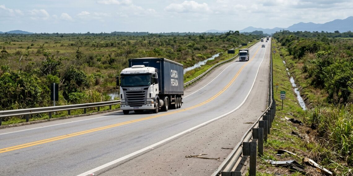 Caminhão passa por trecho de rodovia com depressão gradual no pavimento, mas sem buracos.