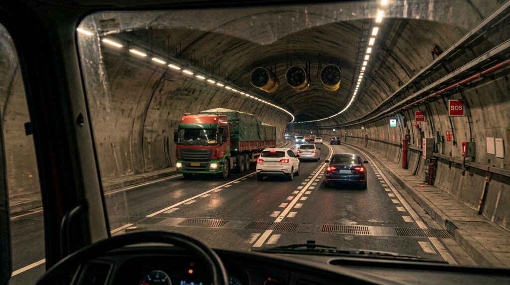 Caminhões percorrem uma longa curva no interior do Túnel Hankou enquanto a estrada sobe gradualmente.