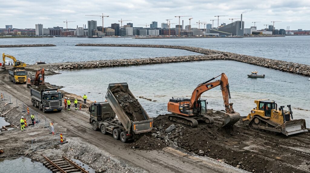 Caminhões descarregam solo de escavação na futura península de Copenhague.
