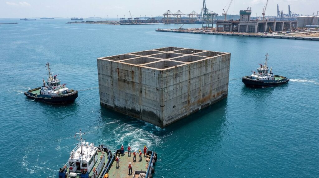 Estrutura oca de concreto flutua enquanto rebocadores a transportam pelo mar.
