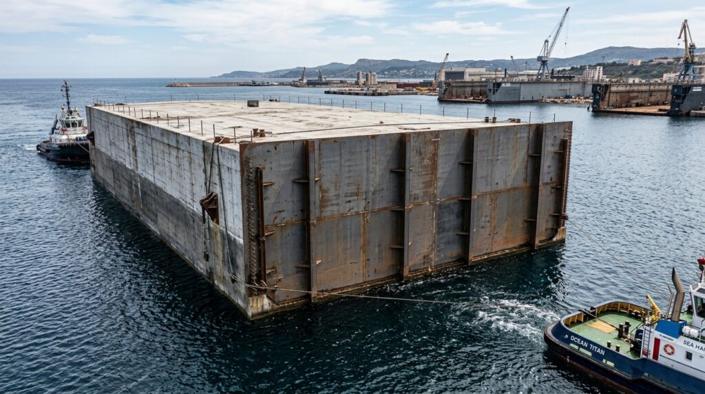 Enorme módulo de concreto do túnel de Øresund flutua no mar antes de ser afundado e instalado no leito submarino.