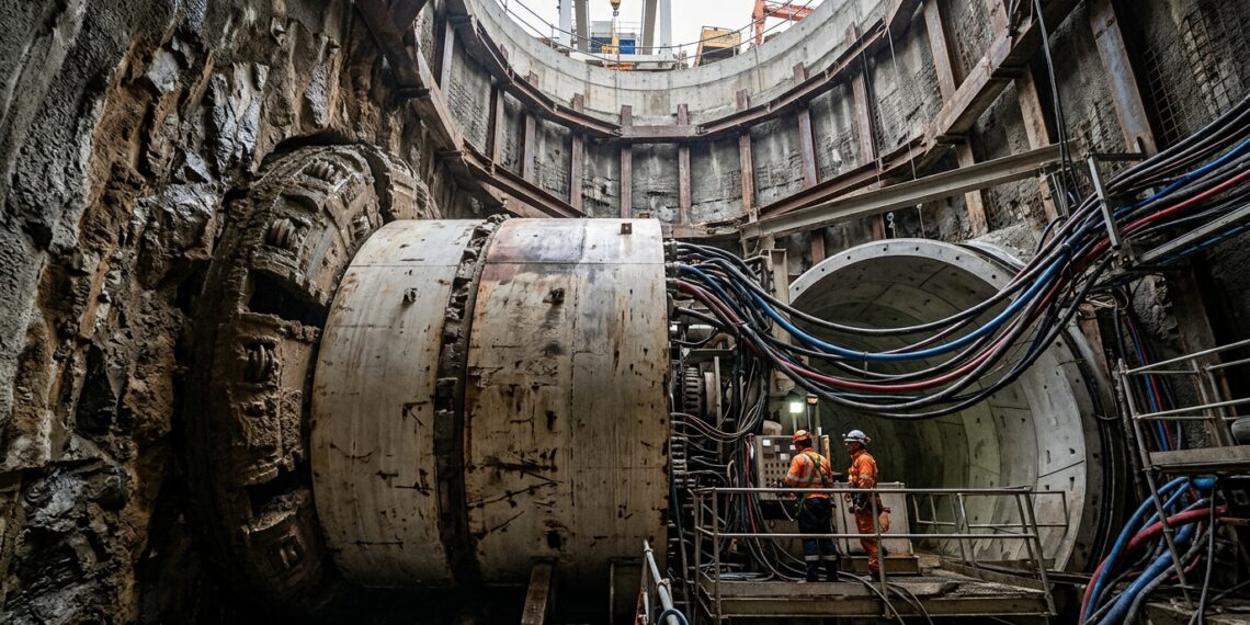 Parte frontal da tuneladora começa a escavar ligada à superfície por cabos.