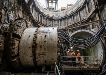 Parte frontal da tuneladora começa a escavar ligada à superfície por cabos.