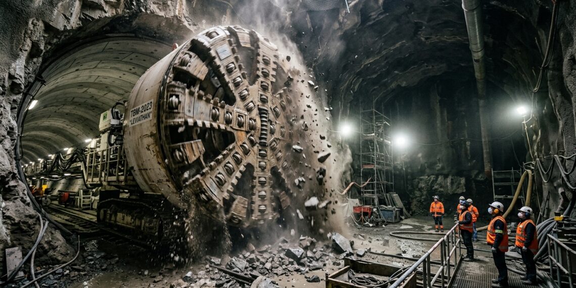 Tuneladora gigante escava a rocha enquanto instala segmentos de concreto no túnel.