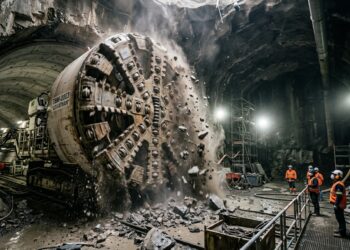 Tuneladora gigante escava a rocha enquanto instala segmentos de concreto no túnel.