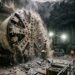 Tuneladora gigante escava a rocha enquanto instala segmentos de concreto no túnel.